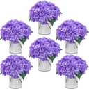 Purple Flower Table Centerpieces, Set of 6, Hydrangeas | Floral Arrangement Artificial Wedding Floral with Rustic Metal Vase for Bridal Tea Party Event Decorations