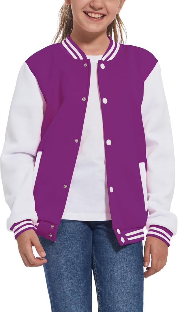 Mowbeat Kids Baseball Jacket Girls Bomber Jackets Boys Varsity Coats Top for Girl Sports Track Outerwear (10 Years, Purple)