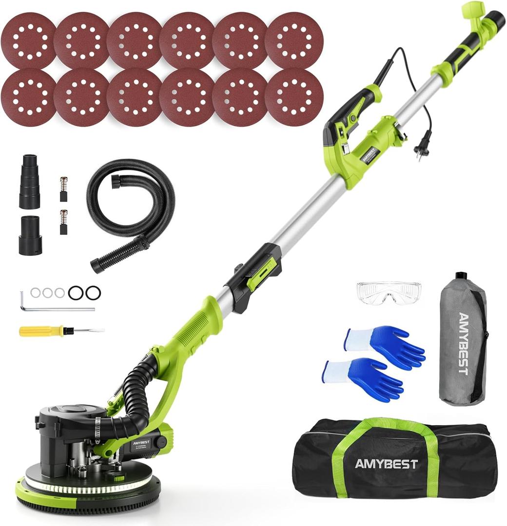 Drywall Sander, Powerful Electric Drywall Sander with Vacuum Dust Collection, 5 Speed 1000-2100 RPM, Popcorn Ceiling Remover, LED Light & 12 Sanding Discs, Extendable Handle (GREEN) (Green)