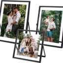 Glass Picture Frame Set of 3, Black Simple Metal Geometric Photo Frame with Glass Cover Includes 5x7, 4x6, 4x4 - Tabletop Floating Picture Frames for Home Decoration, Gift for Father's Day