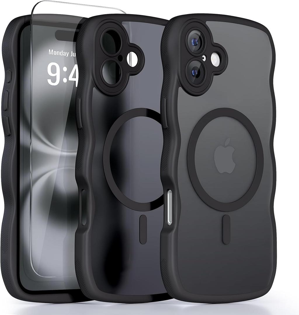 QVLANG Case for iPhone 16, Cute Wave Cover Case, Upgraded[Full Camera Protection][Compatible with Magsafe][Military Grade Protection][Translucent Matte] Phone Case for Women Girls, Black