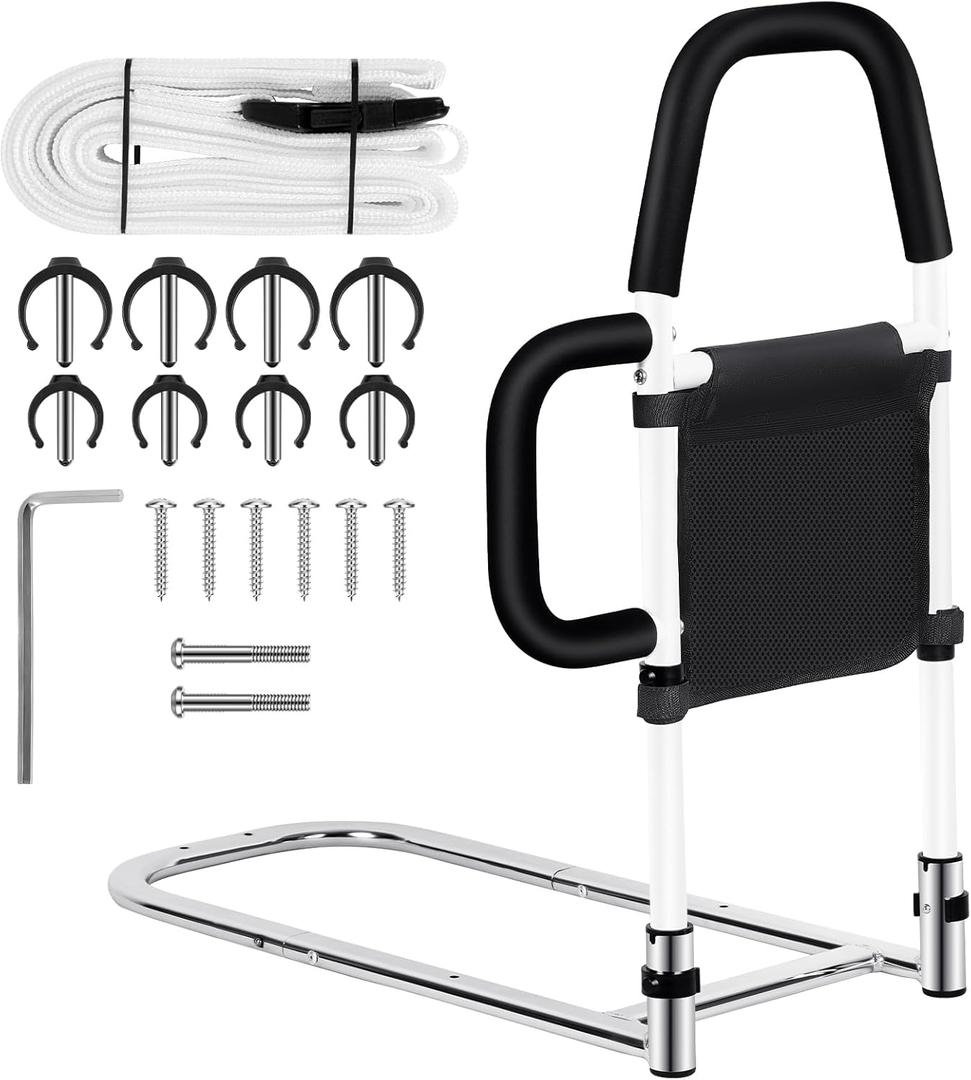 Okvpajdo Bed Rails for Elderly Adults Safety Adjustable Bed Assist Rail with 2 Grab Bars&Storage Pocket&Fall Prevention Guard for Senior Bed Guard Railing with Fixing Strap Fits King Queen Full Twin