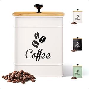 Airtight Coffee Canister - 40 oz Large Iron White Coffee Container Airtight - 6 x 8 inch Metal Jar - Stylish Countertop Container for Coffee Grounds, Beans, Pods & More with Rubber-Lined Bamboo Lid