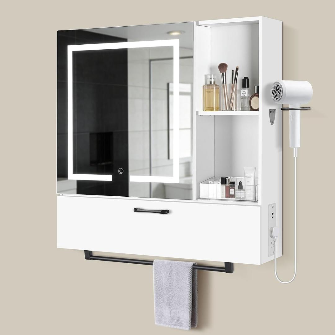 LED Lighting with Socket and USB Bathroom Medicine Mirror Cabinet,Color Changing Anti Fog Light Strip,Equipped with Hair Dryer Rack and Towel Rack,Embedded or Wall Mounted,White