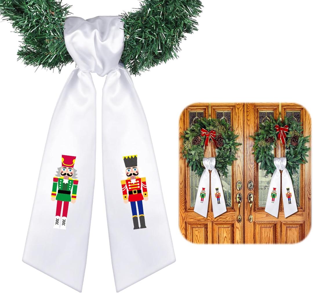 2 Pcs Christmas Wreath Sash White Satin Nutcracker Sash Holiday and Christmas Decor for Front Door Yard Doorway Indoor Outdoor Party Decoration, 56" L x 4.5" W