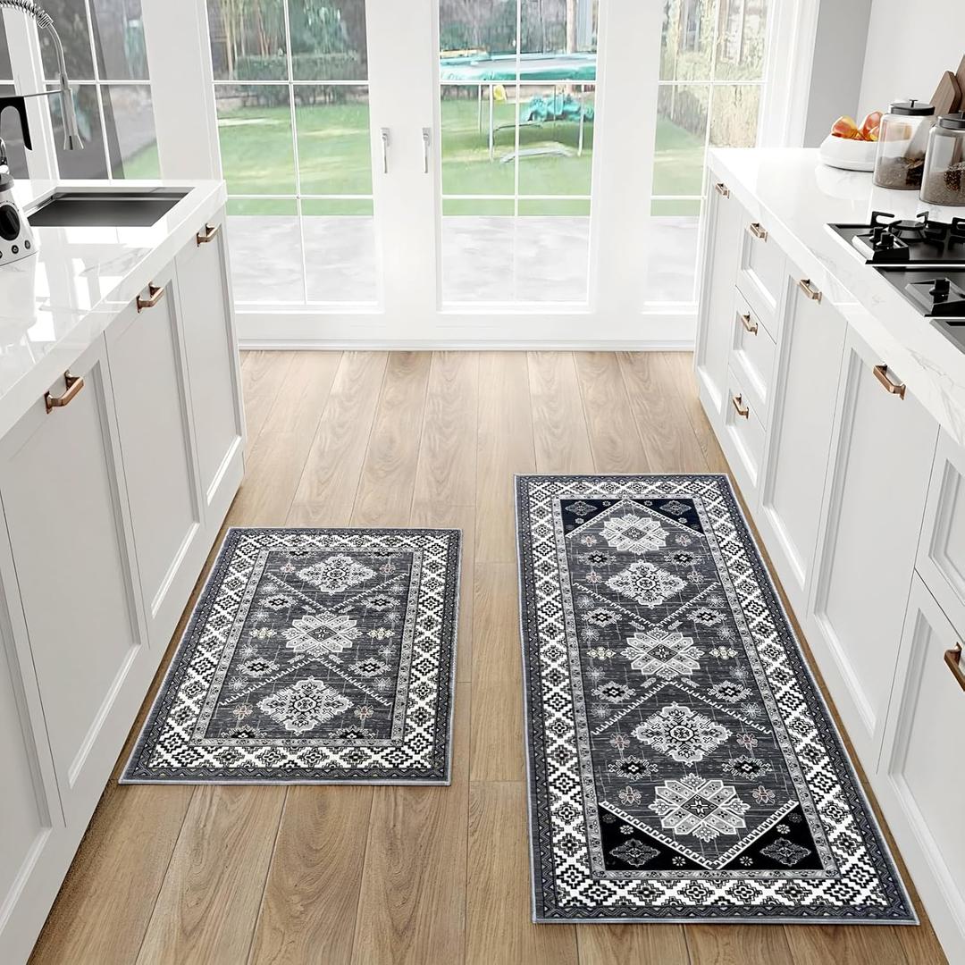 Boho Kitchen Rug Sets 2 Piece with Runner, Non-Slip Kitchen Mats for Floor Stain-Resistant and Washable Kitchen Rugs and Mats Grey Kitchen Floor Mat Runner Carpet for Kitchen, Hallway, Easy to Clean