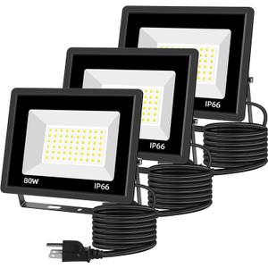 80W LED Floodlights 3 Pack, Super Bright Exterior Security Lights, IP66 Waterproof Outdoor Flood Light, 10,400LM 5000K Daylight White Work Lights for Garden, Garage, Patio