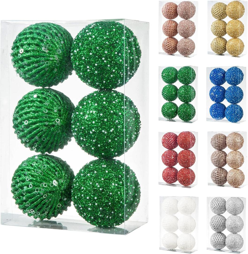 6pcs 3.94" Christmas Ball Ornaments Glitter Shatterproof Christmas Tree Ornaments Sequin Xmas Hanging Balls Decorations for Wedding Party Holiday(Green, 6pc-10cm)