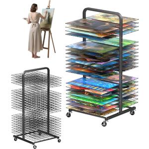 Art Drying Rack with 40 Removable Shelves, Mobile Metal Paint Drying Stand with Lockable Wheels, Functional Canvas Rack Art Storage for Artwork in Classrooms, Art Studios and Schools, Black