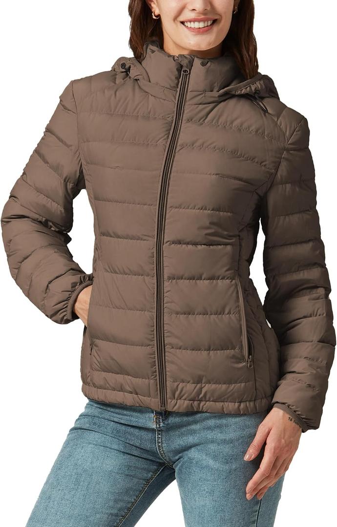 YZG Down Jacket for Women Ultra Lightweight Long Sleeve Puffer Coat with Detachable Hooded Brown M (Brown, M)