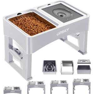 UPSKY 3-in-1 Elevated Dog Bowls: Slow Feeder, Adjustable Stand, No Spill Dispenser - Stainless Steel Food & Water Bowl for Small to Medium Dogs, White
