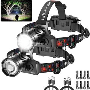 High Lumen Rechargeable Headlamp, Super Bright Head Lamp, 90Angle Head Lights for Forehead, Adjustable Focus Headlight, 4Mode LED Headlamp Rechargeable, Headlamps for Adults Hard Hat Camping (2Pack)
