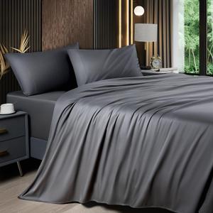 Shilucheng 4 Piece Full Sheet Sets, Cooling Sheets, Blend Rayon Derived from Bamboo, Deep Pocket Up to 16", Breathable & Soft Bed Sheets, Hotel Silky Bedding Set, Dark Grey