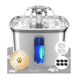 Veken Innovation Award Winner Stainless Steel Cat Water Fountain, 95oz/2.8L Automatic Pet Fountain Dog Water Dispenser with Replacement Filters & Silicone Mat, Gifts for Cats, Dogs (Silver)