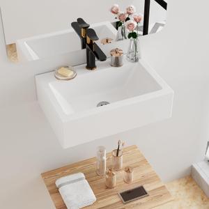 Floating Bathroom Vessel Sink Wall Mount, Hugsleek 16 x 12 inch Rectangle White Porcelain Ceramic Vessel Sink Wall Mounted Hang Bath Sink Bowl Basin Lavatory Vanity Restroom With Faucet Hole