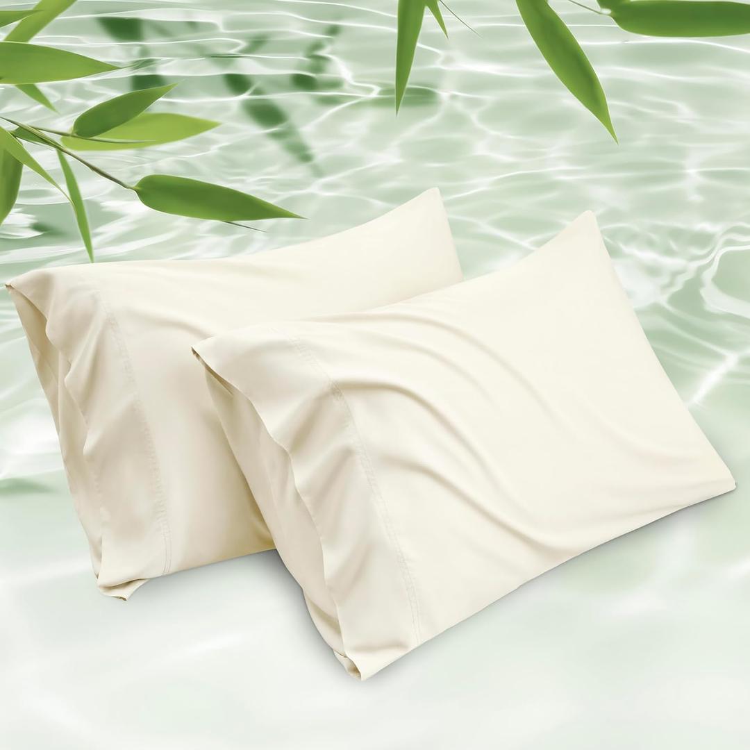 Bedsure Pillow Cases Standard Size, Cooling Pillow Cases, Rayon Derived from Bamboo Cream Pillowcases Standard Set of 2, PureWoven Silky Soft Bedding Pillow Covers with Envelope Closure, 20x26 Inches