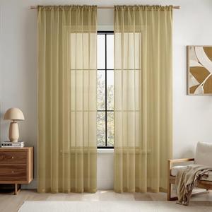 MIULEE 2 Panels Solid Color Sheer Window Curtains Elegant Window Voile Panels/Drapes/Treatment for Bedroom Living Room (54X96 Inches Dark Gold)