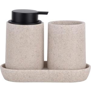 Beige Bathroom Accessories Set, 3 Pcs Resin Bathroom Accessories Complete Set, Sandstone Look Soap Dispenser with Large Pump, Toothbrush Cup, Soap Dish for Modern Home Decor and Kitchen