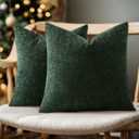 Woaboy Pack of 2 Dark Green Pillow Covers 20x20 Inch Christmas Soft Chenille Couch Throw Pillows Solid Color Cushion Covers Home Decoration for Spring Sofa Living Room