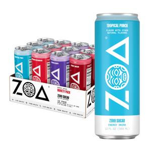 ZOA Zero Sugar Energy Drinks with Electrolytes, Vitamin C, Amino Acids, B-Vitamins, Made with Green Tea Caffeine, Sugar-Free Variety Pack- Four Flavors, 12 Fl Oz Cans (12-Pack) (EXP 09/08/26)