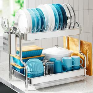 GSlife Dish Drying Rack for Kitchen Counter - Stainless Steel 2 Tier Dish Drainer with Drain Board, Stainless Steel Utensil Holder, Cutting Board Holder, 21" L x 10.8" W x 13.8" H, Silver