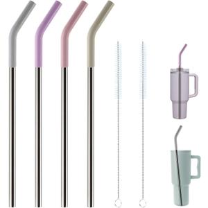 Replacement Straws for 40oz Tumblers,Metal Straws Reusable Compatible with Stanley 40oz Cup, 40 oz Tumbler Straw,4 Pack 12" Extra Long,3" Wide, Stainless Steel Straws with Silicone Tips and Brush