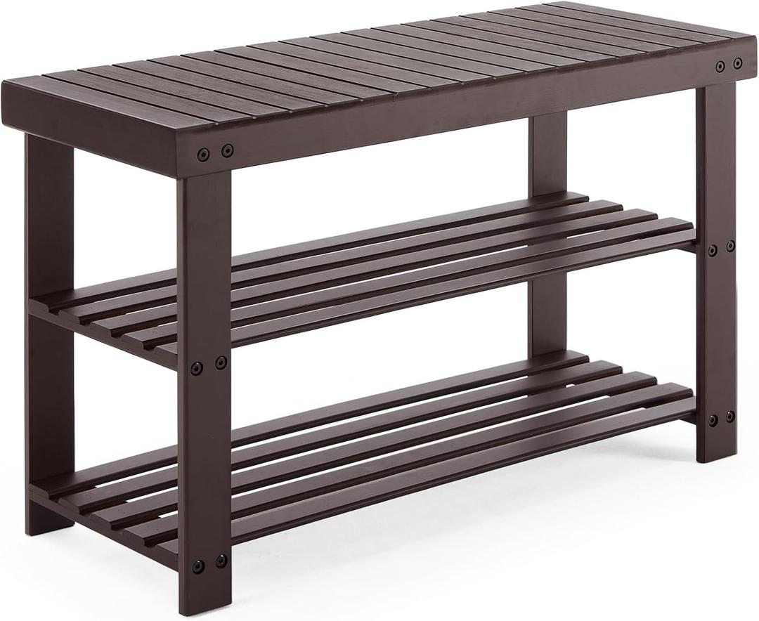 Sweetcrispy Shoe Rack Bench, 3-Tier Bamboo Entryway Storage Organizer, 286lb Capacity, Shoes Stand for FrontDoor Entrance, Bedroom, Living Room, Bathroom, Balcony, 11.3" x 27.6" x 17.8", Brown