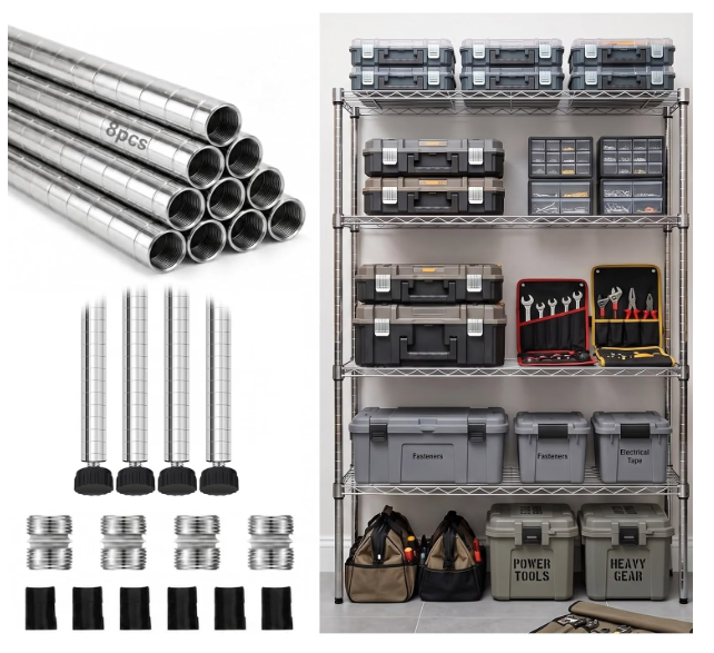 Thyle 4 Pack 74-Inch Wire Shelving Posts with 50 Clip, Chrome Steel, Sliver Heavy-duty 1-inch chrome steel poles assemble quickly and fit most wire shelving racks for stable, adjustable storage