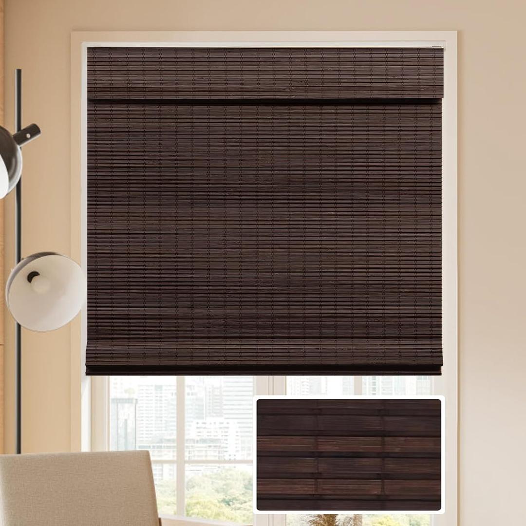 LUCKUP Cordless Bamboo Roman Blinds Shades for Indoor Windows-Blackout Room Darkening Roman Blinds with 6" Valance Cover Enhanced Privacy, 38" W x 64" H