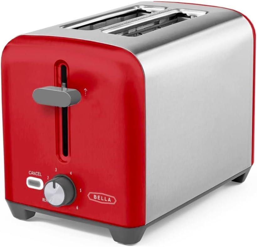 BELLA 2 Slice Toaster, Quick & Even Results Every Time, Wide Slots Fit Any Size Bread Like Bagels or Texas Toast, Drop-Down Crumb Tray for Easy Clean Up, Stainless Steel and Red