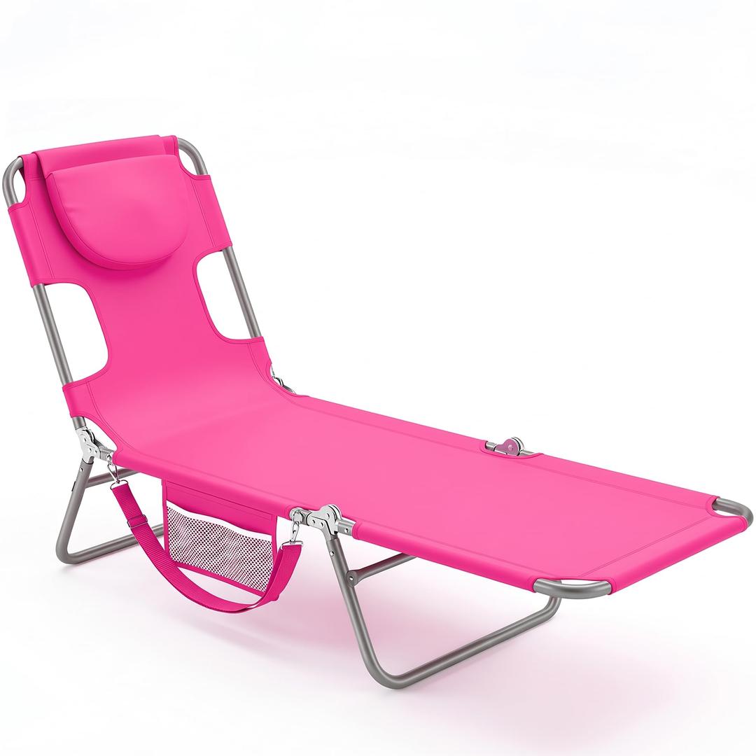 DUMOS Lounge Chair Outdoor, Beach Tanning Chair with Face Hole, Pink