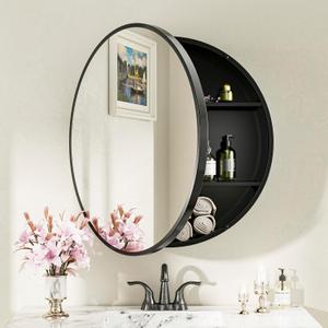 Keonjinn 28 x 28 Inch Round Black Mirror Medicine Cabinet Wall Mounted, Circular Modern Medicine Cabinet with Mirror, Black Framed Medicine Cabinets with Mirror, Vanity Bathroom Mirrors with Storage