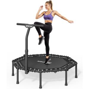 BCAN 51" Octagonal Mini Trampoline, Max Load 450 LBS Fitness Trampoline with T-Adjustable Handle Bar, Silent Bungees, Larger, More Stable, Quieter Exercise Rebounder for Adults Indoor/Garden Workout (Black)