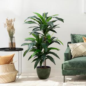 Artificial Dracaena Tree 4FT, Fake Tree with Plastic Pot, Fake Tropical Yucca Floor Plant, Lifelike Foliage and Branches, Artificial Plants Indoor for Home Office Living Room Decor Indoor