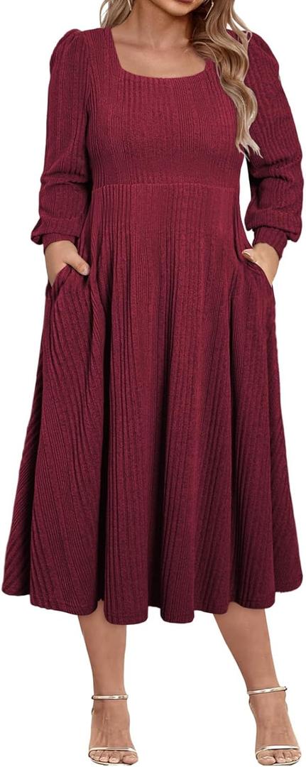 Eytino Womens Plus Size Dresses Long Sleeve Square Neck Midi Fall Sweater Dresses with Pockets,1X Burgundy