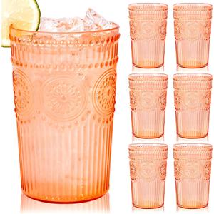 Ciaell 12 Pack Romantic Plastic Water Glasses - 14 Oz Amber Vintage Drinking Glasses, Embossed Ribbed Plastic Cups, Textured Striped Set for Juice, Beverages, Beer, Cocktai & Christmas