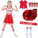 5Pack Cheerleader Costume Outfit for Girls Sparkly Cheer Dress with Striped Socks Bowtie Headpiece & Pom Poms Complete Set for Halloween Party School Events Uniform Outfit Age 7-8 Years (Red)