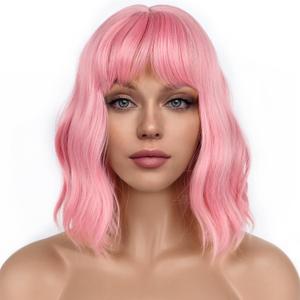 Pastel Bob Wigs with Bangs for Women Loose Wavy Wig Pastel Wavy Shoulder Length Bob Synthetic Cosplay Wig for Girl Colorful Costume Wigs (Pink)