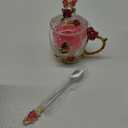 Flower Teacup Transparent Glass Teacup, (With Spoon + Lid), Fancy Tea Cups,Tea Cup Gift, Gifts for Women,Mother's Day Present. (Rose Red Short Cup)