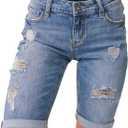 luvamia Women High Waisted Stretch Bermuda Shorts Ripped Rolled Hem Jean Shorts (Large, A Washed Blue)