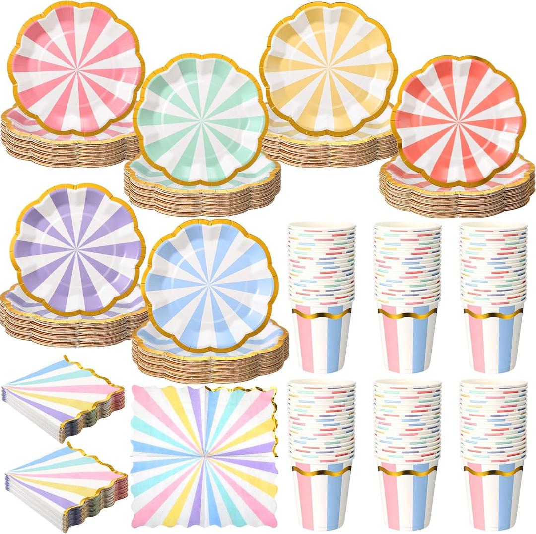 Yungyan 216 Pcs 72 Guest Pastel Party Plates and Napkins Gold Foil Scalloped Edge 6" Paper Dessert Plates and Striped Pastel 9 oz Cup Disposable Tableware Set for Birthday Wedding Baby Shower Supplies