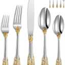 KEAWELL Luxury 45 Pieces 18/10 Stainless Steel Flatware set, Service for 8, silver plated with gold accents, Fine Silverware set and Dishwasher Safe