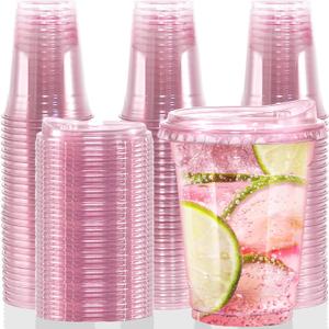 12oz Disposable Stemless Glasses With Strawless Sip Lids,PET Solo Disposable Cups ,Party Clear Plastic Wine Glasses for Parties Birthday,Wedding,Meeting,Christmas Party Supplies. (50, Pink)