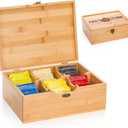 Lyellfe Tea Organizer Box, Bamboo Tea Bag Holder with Lid, Multi-purpose 6-Compartment Coffee Condiment Holder Storage Caddy for Home, Office, Caf