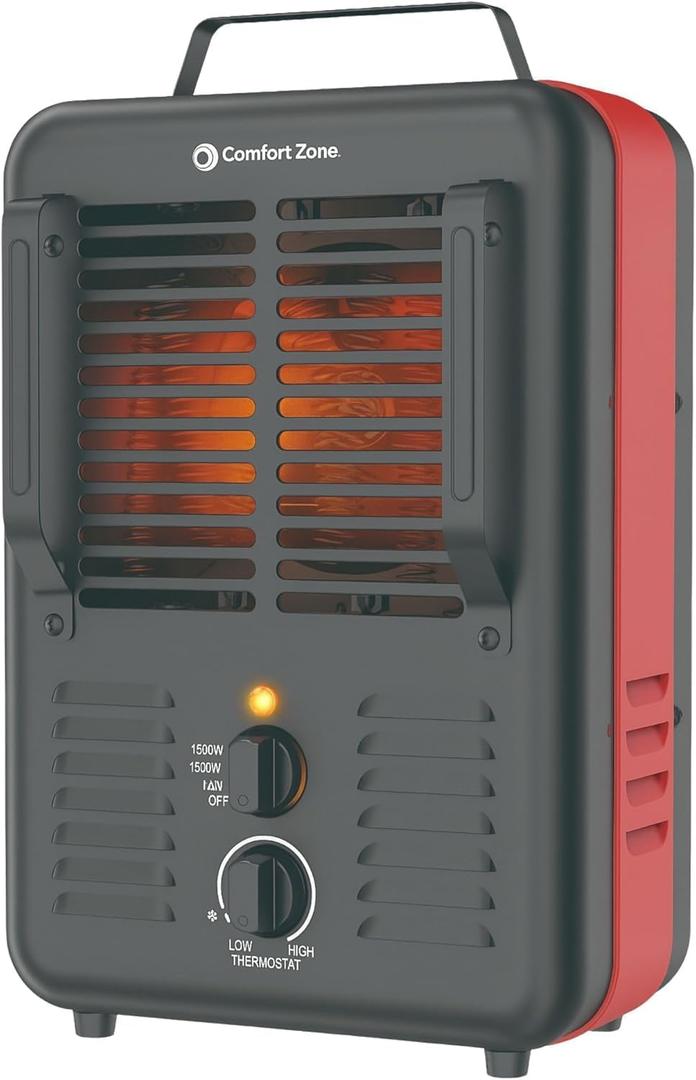 Comfort Zone 1500W Milkhouse Style Electric Utility Heater  Portable Workshop & Garage Space Heater with Adjustable Thermostat, 2 Heat Settings & Fan  All-Metal Heavy-Duty Design  Yellow/Black