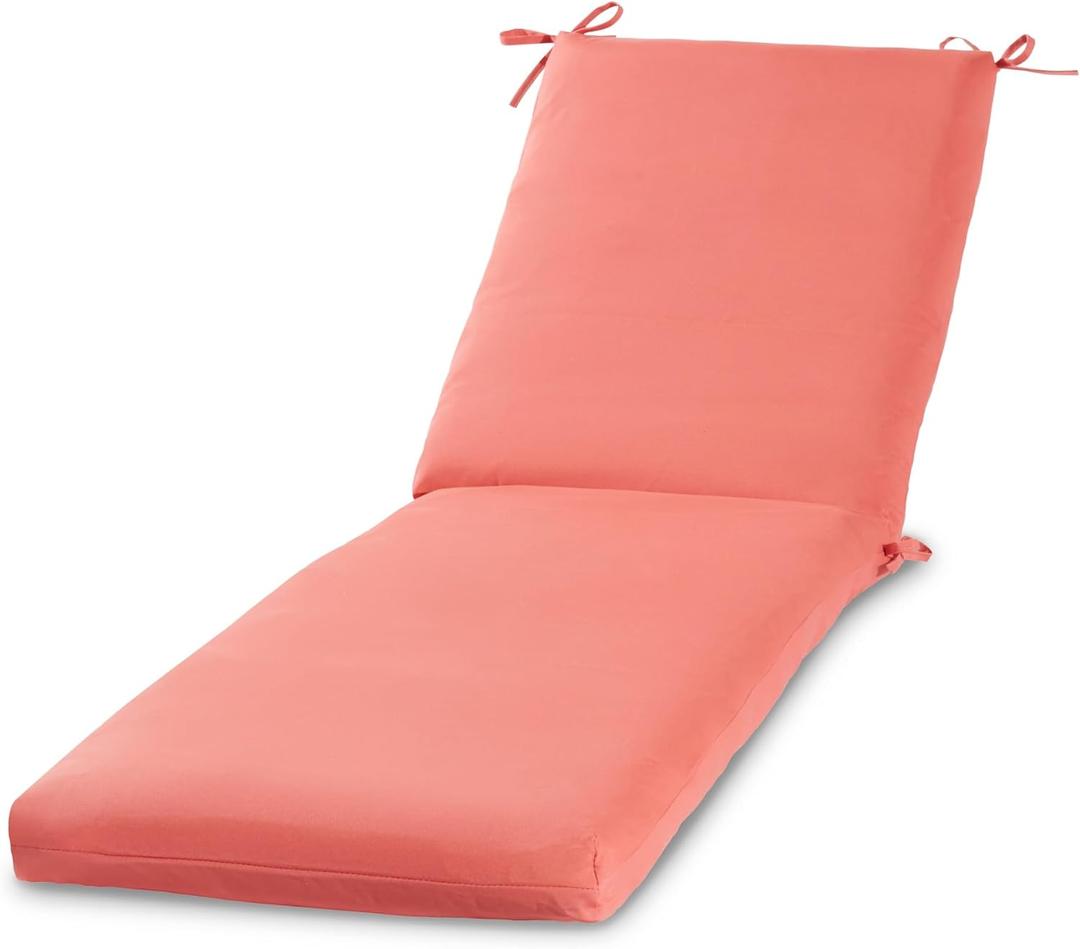 Modern Outdoor Chaise Lounge Cushion with Ties Durable Polyester Fabric, Channel-Filled Polyfiber Insert, Removable Zippered Cover, Coral