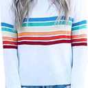 ECOWISH Women's Sweater Rainbow Colorful Striped Sweaters Long Sleeve Crew Neck Color Block Casual Pullover Blouse Tops (Large, 01 White)