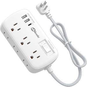 Short Extension Cord 2 Foot - Flat Plug Small Power Strip Surge Protetor with 6 Outlets 3 USB (5V/3.4A 17W) Charging Ports, Multi Plug Wall Outlet Splitter for Home Office Dorm Roomc, White
