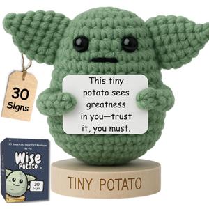 Star Wars Gifts | Handmade Baby Yoda Positive Crochet W/ 30 Fun Affirmations | Small Birthday Gift for Women | Starwars Present Idea for Friends, Coworker, Dad, Men, Brother | Funny Star Wars Figurine