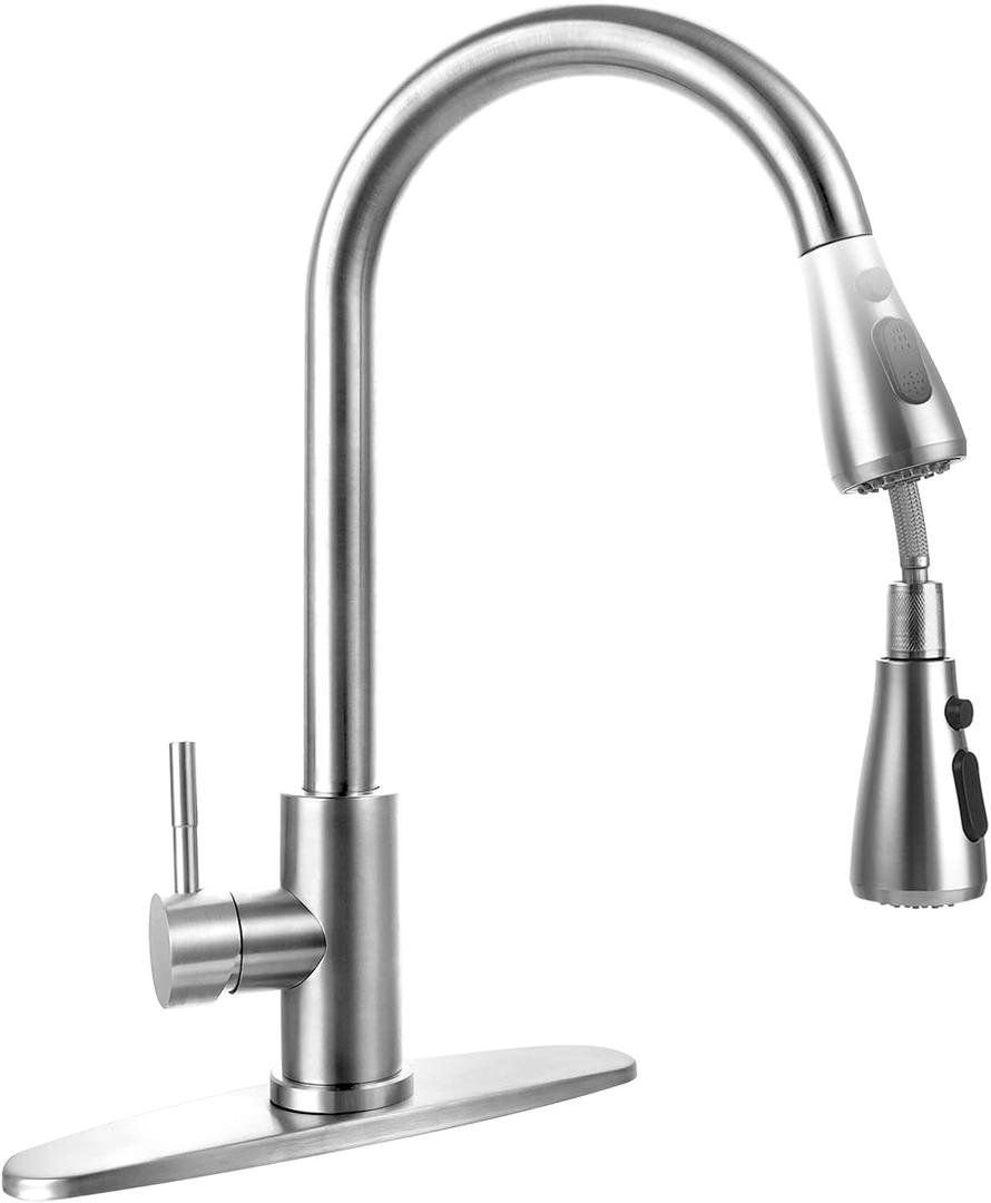 Stainless Steel 304 Kitchen Sink Faucet with Pull Down Spray Outdoor Kitchens Faucets Out Extension Utility Farmhouse for Sinks 1 Hole,Single Handle Rent Apartment Dorm (Satin Nickel)